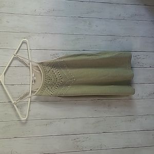 Miss Me Green and beige embroidered top with fly away back. Raw edges. Size M.
